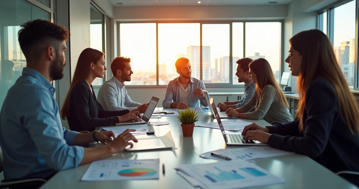 Equipe de marketing reunida em mesa de escritório, trabalhando em Hortolândia 