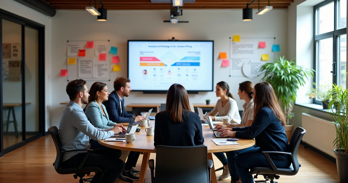 Equipe de marketing reunida em sala de reunião moderna 