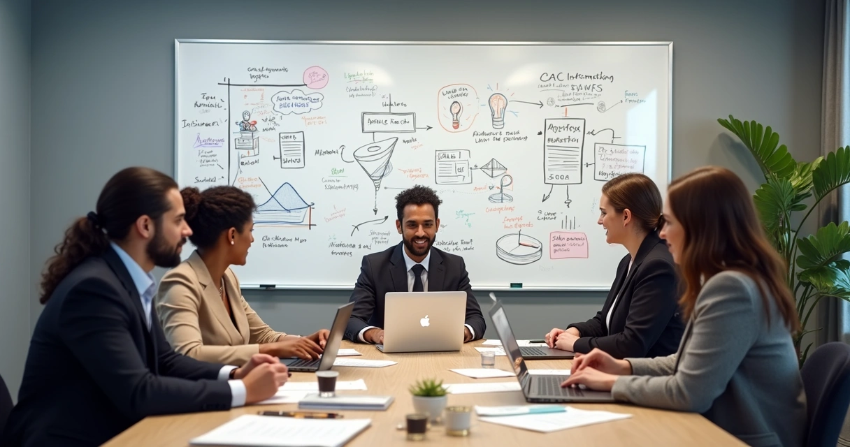 Equipe de marketing reunida discutindo estratégias em frente a um quadro com planos 