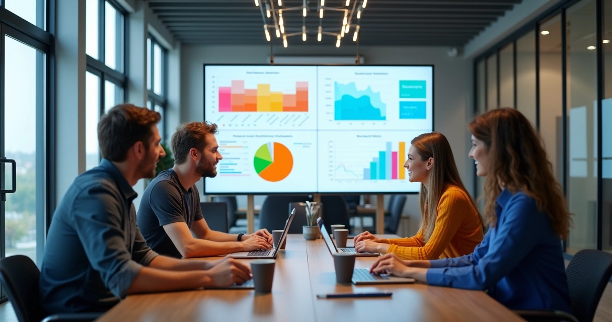 Equipe de marketing reunida analisando dados em telas 