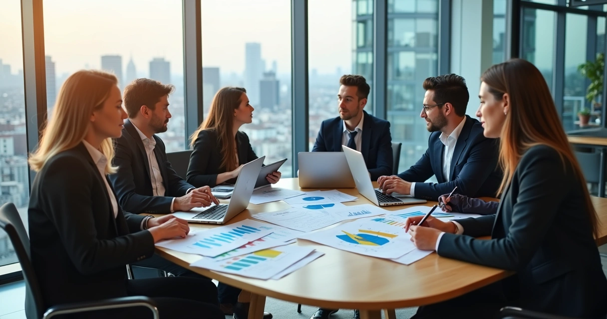 Equipe de profissionais de marketing reunida em mesa de escritório, discutindo estratégias digitais 