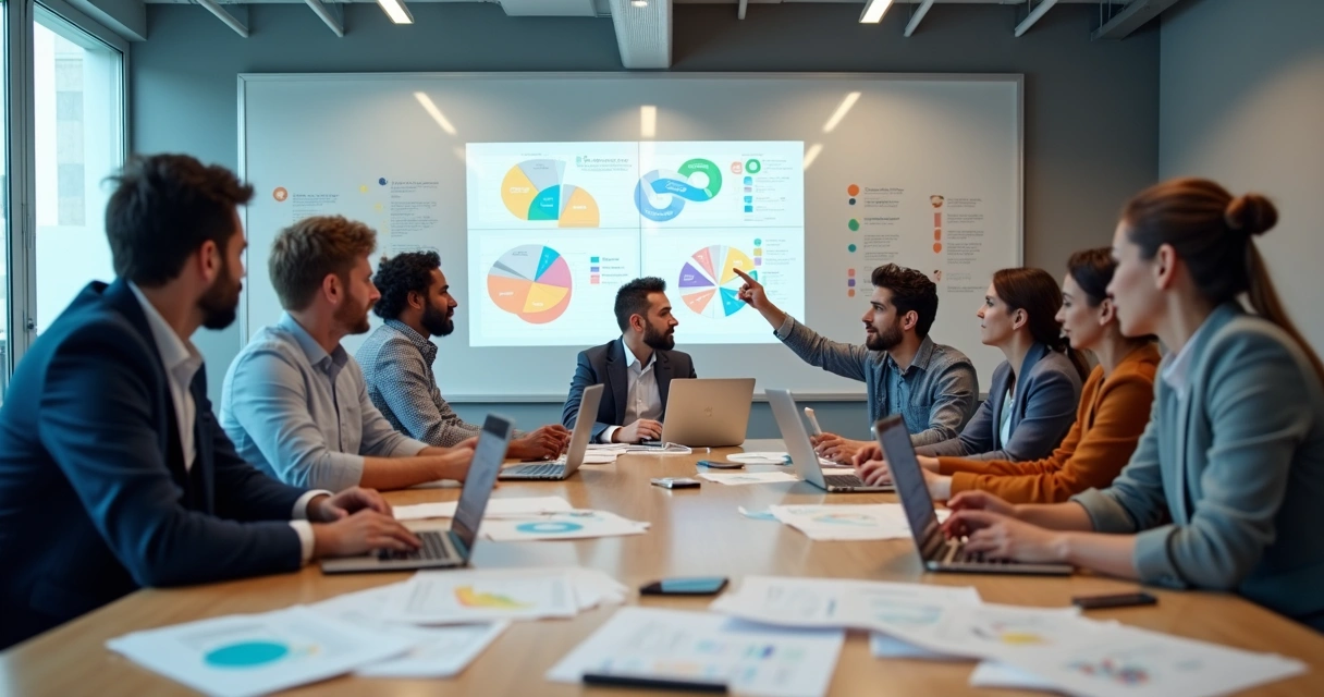 Equipe de marketing reunida discutindo estratégia de conteúdo 