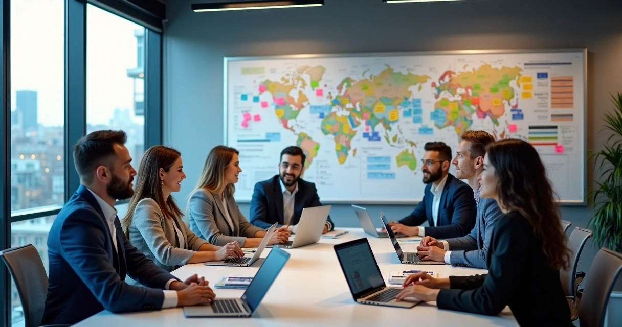 Equipe de marketing reunida em reunião planejando estratégia digital 