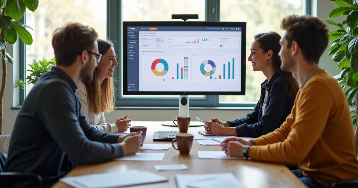 Equipe de marketing reunida frente a uma tela de computador com relatórios de RFV 