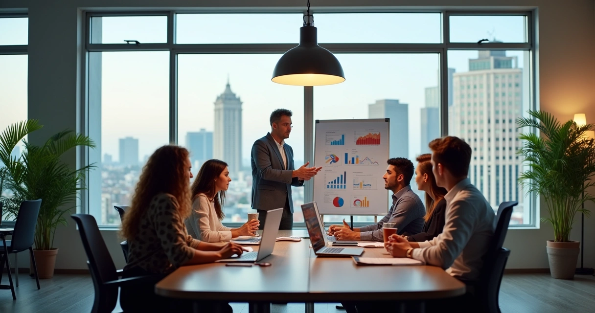 Equipe de marketing reunida em sala moderna com computadores e quadros de estratégia 