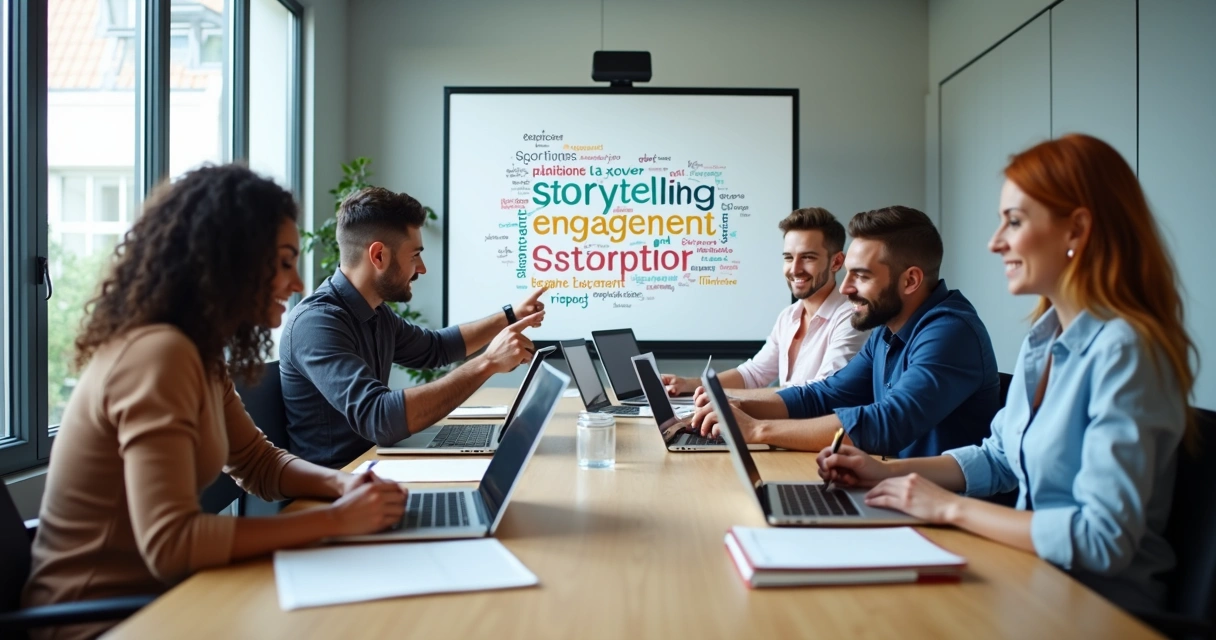 Equipe de marketing reunida em sala moderna criando roteiro para vídeo institucional com laptops e anotações 