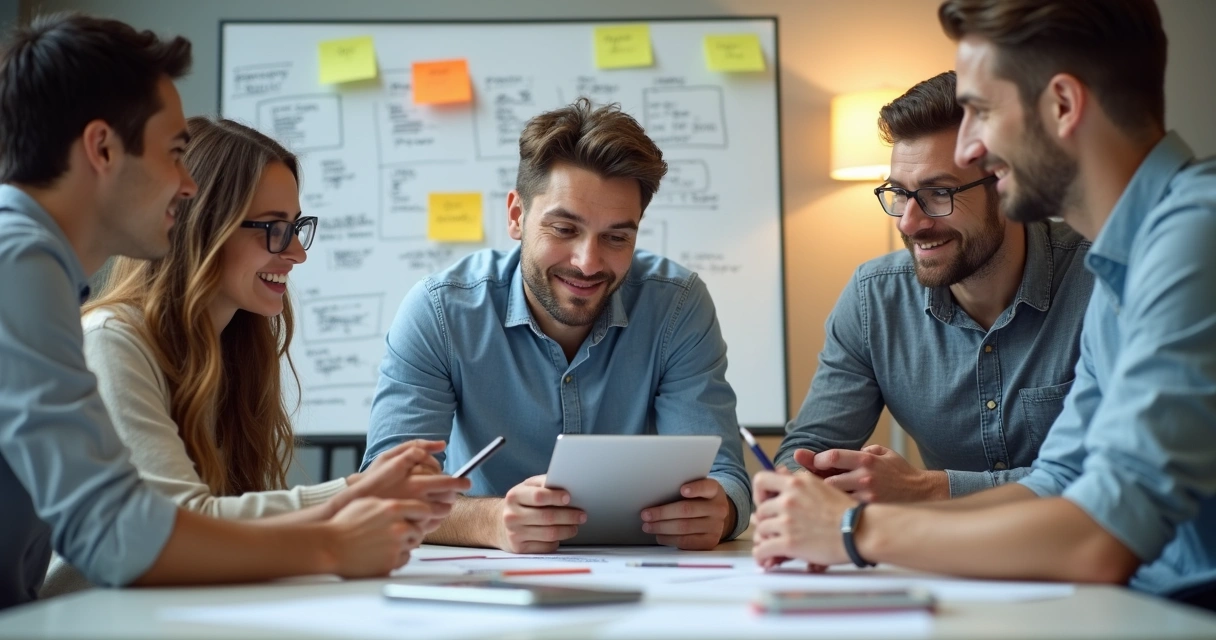 Equipe de marketing testando site em smartphones 