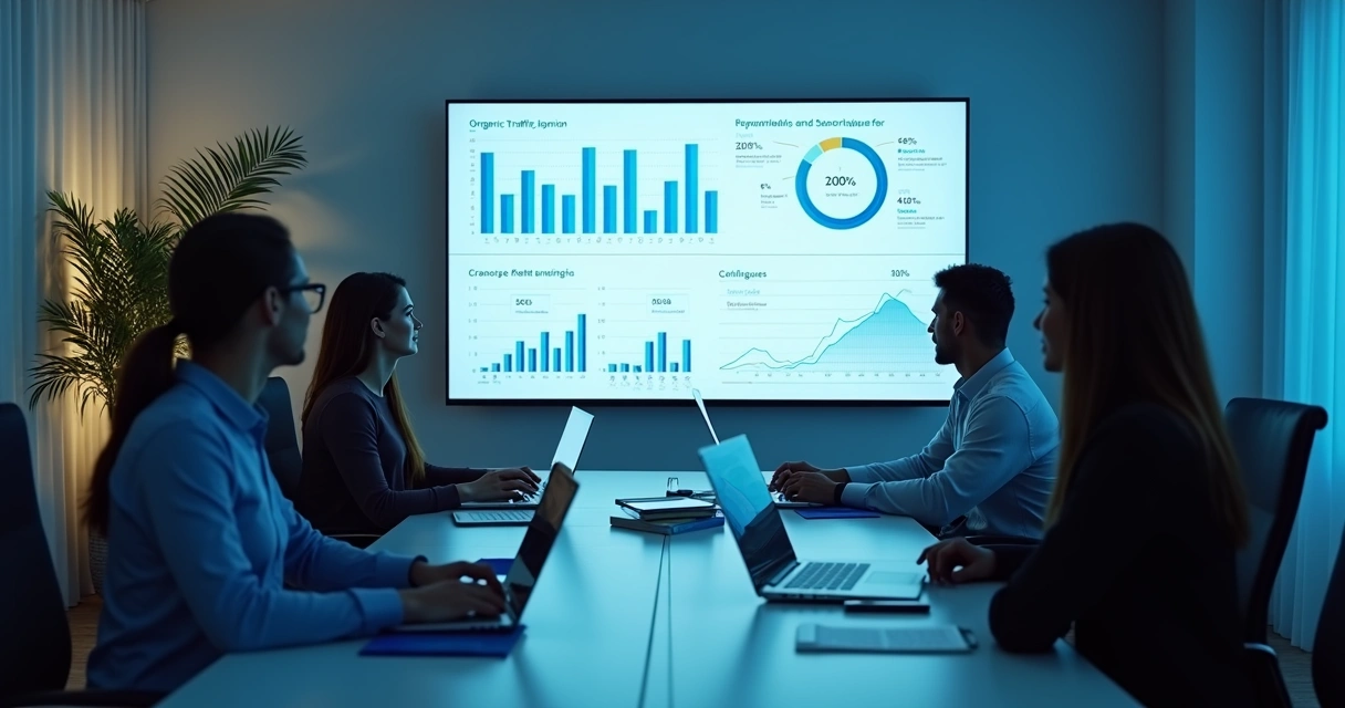 Equipe avaliando métricas de SEO 