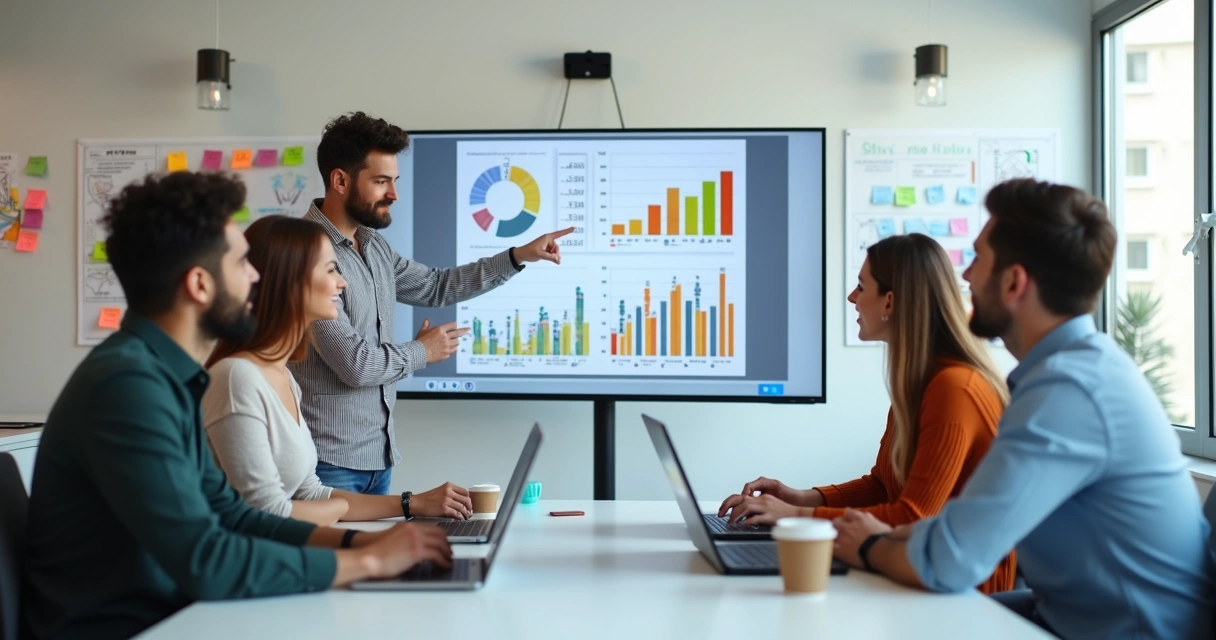 Equipe de marketing discutindo estratégias em sala de reunião 