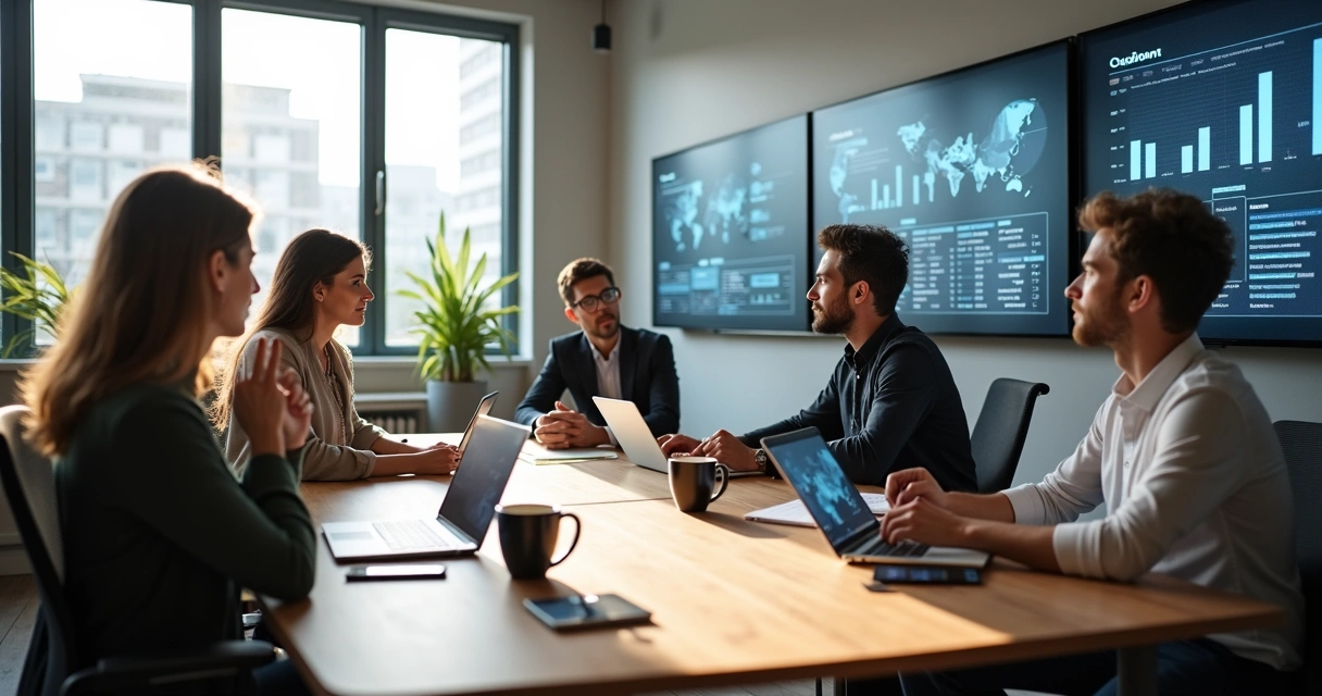 Equipe de marketing reunida em uma mesa de trabalho com computadores e anotações 