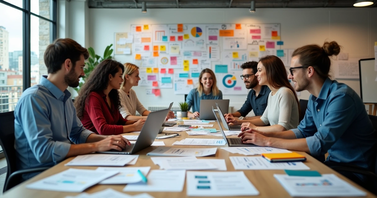 Equipe de marketing reunida em mesa de trabalho com computadores e painéis de ideias ao fundo 