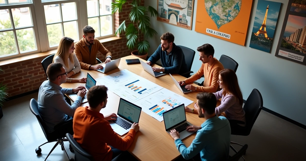 Equipe de marketing reunida em mesa de reuniões em Uberaba 
