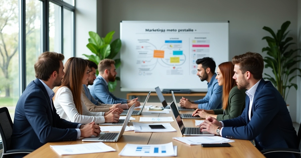Equipe de profissionais de marketing reunida em sala de reunião 