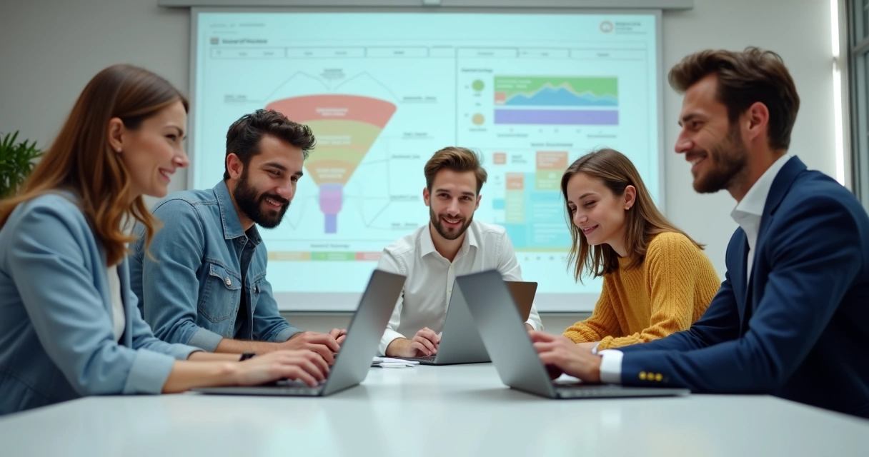 Equipe de marketing e vendas alinhadas em uma mesma mesa de reunião discutindo funil. 