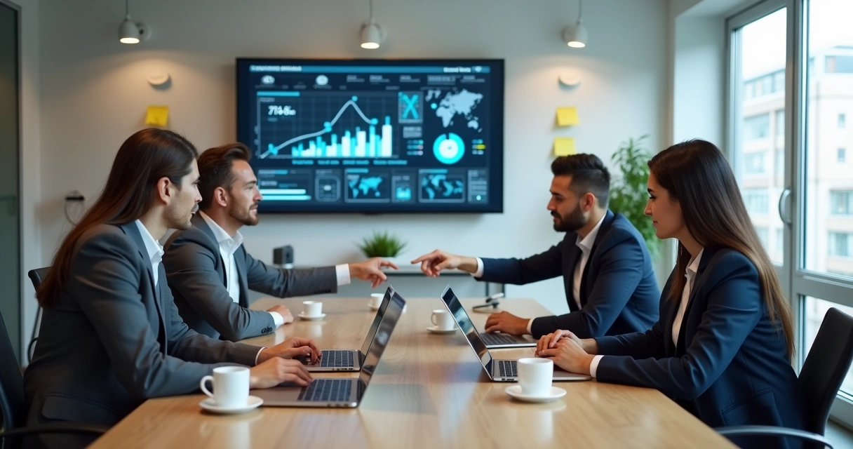 Time de marketing e vendas reunidos ao redor de mesa com laptops 