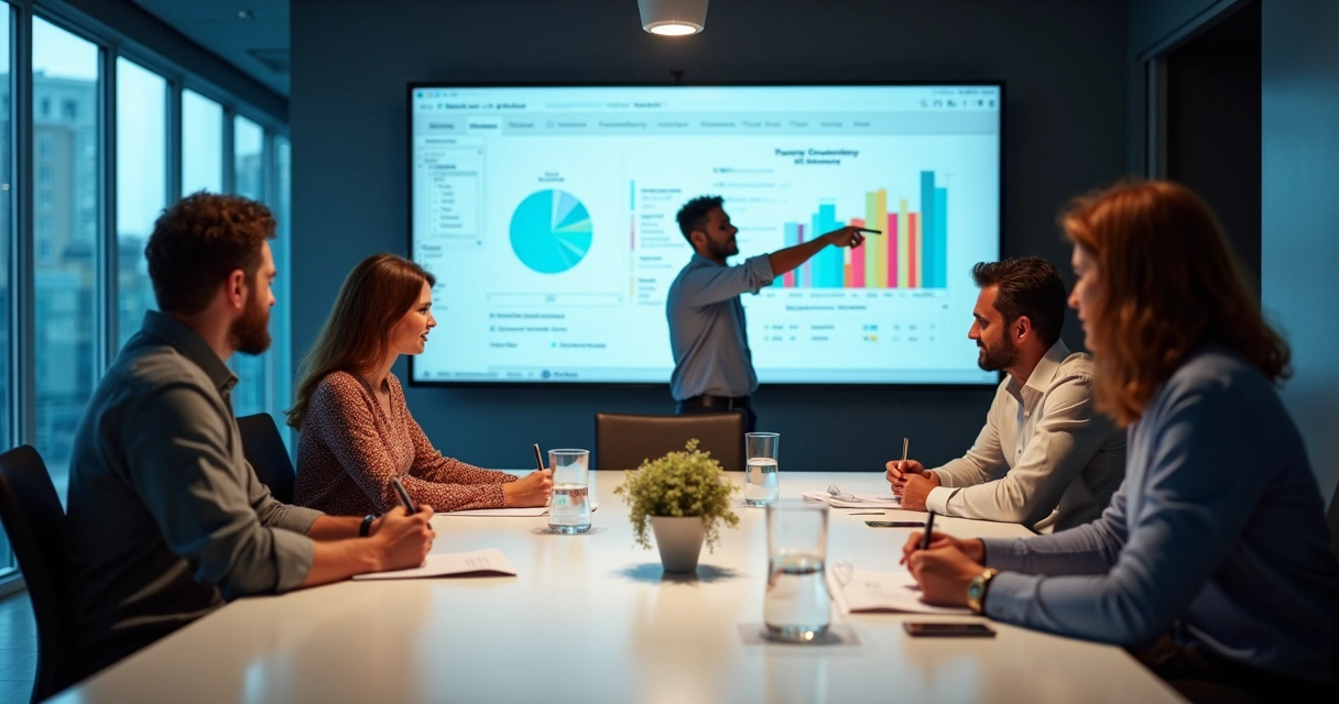 Equipe de marketing e vendas reunida em sala de reunião moderna, com gráficos projetados na parede