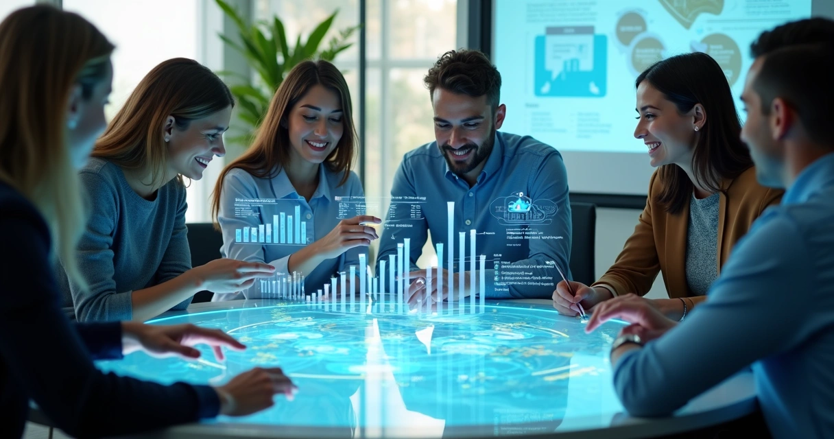 Equipe de marketing e vendas colaborando com gráficos e telas digitais ao redor 