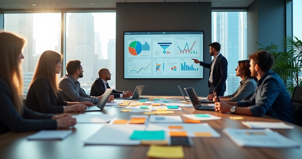 Equipe de marketing e vendas planejando campanha ABM em mesa com gráficos e tela digital 