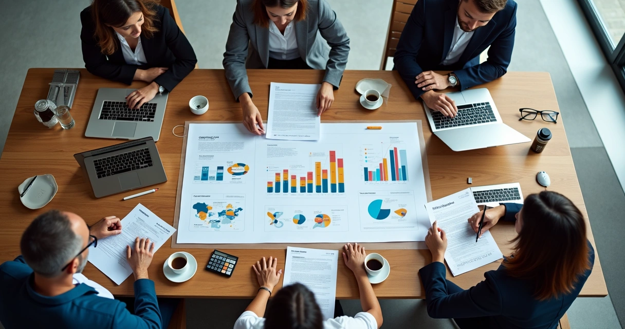 Equipe de marketing e vendas reunida analisando gráficos de custos 