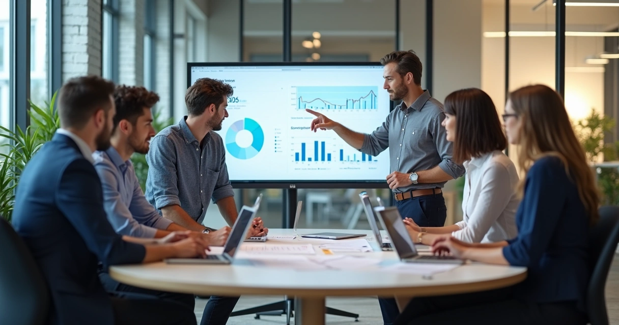 Equipe de marketing e vendas reunidos em uma consultoria, analisando dados 