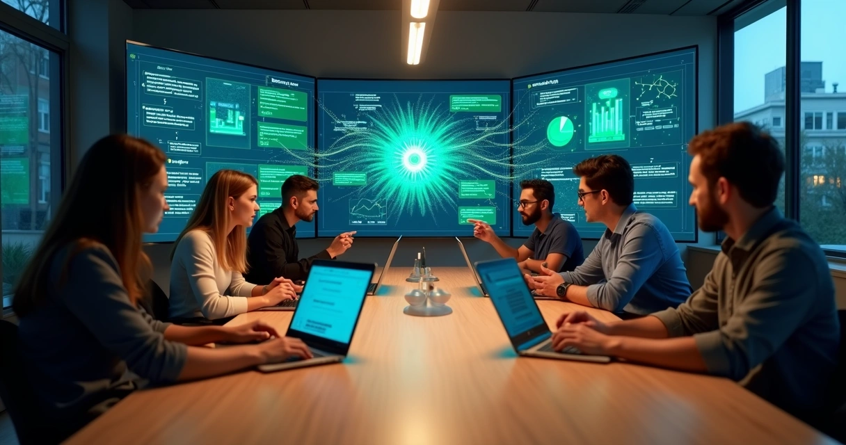 Equipe de marketing e vendas olhando painel de dados integrado com WhatsApp e IA 