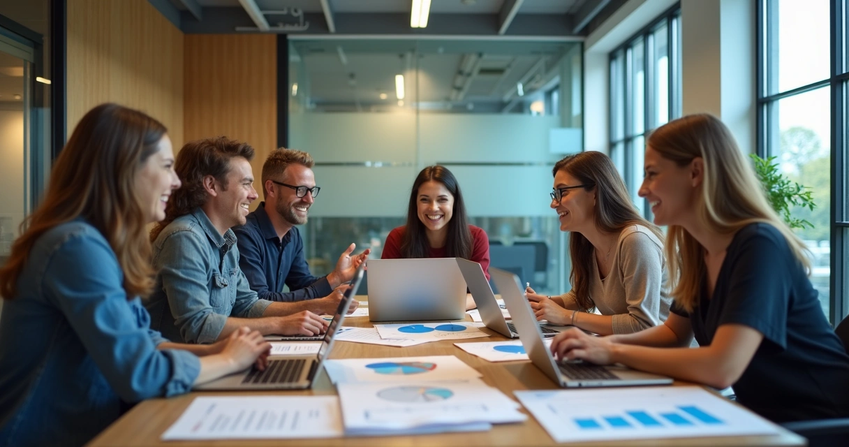Equipe de marketing e vendas reunidas analisando dados de leads 