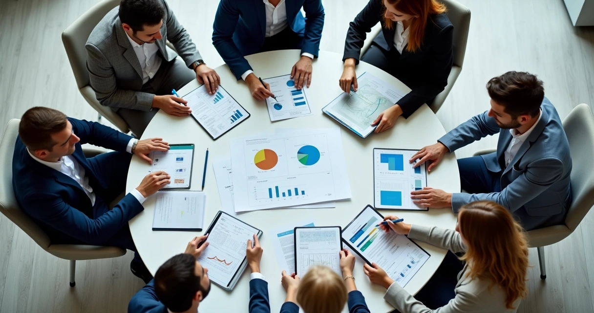 Equipe de marketing e vendas reunida em mesa redonda com tablets e papéis