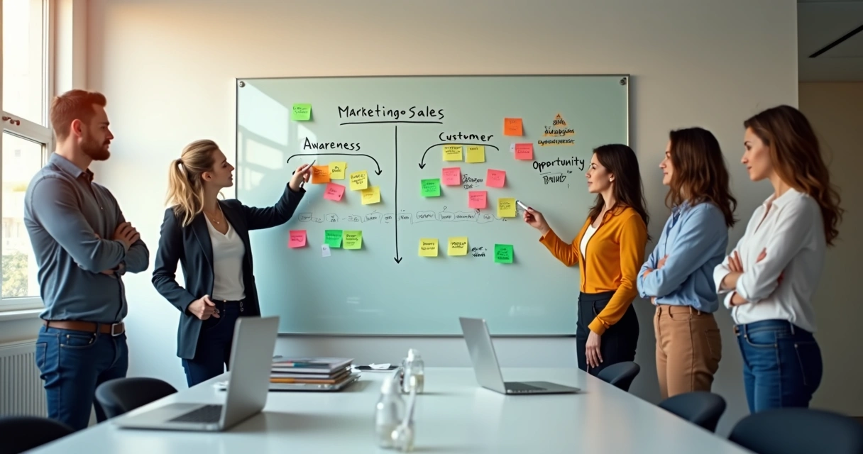 Equipe de marketing e vendas unida diante de grande quadro de CRM 