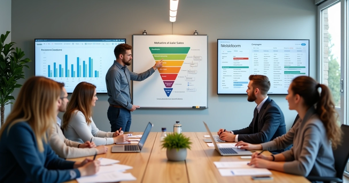 Equipe de marketing e vendas alinhando estratégia diante de quadros com funil e métricas 