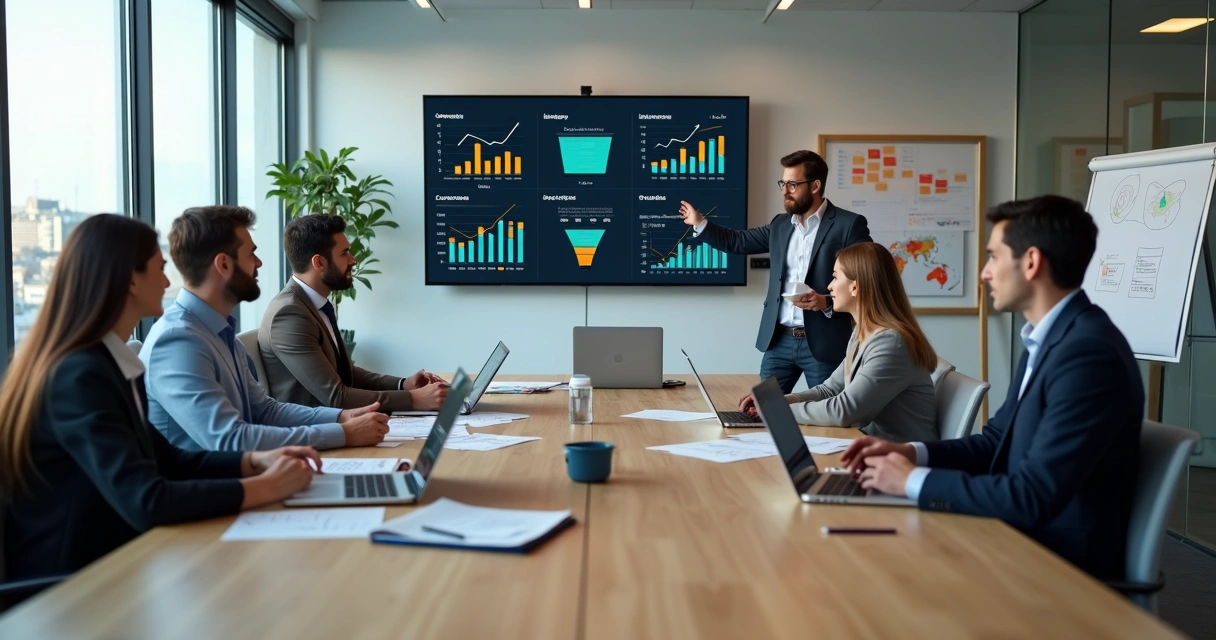 Equipe de marketing e vendas B2B em reunião alinhando estratégias com dashboard de resultados 