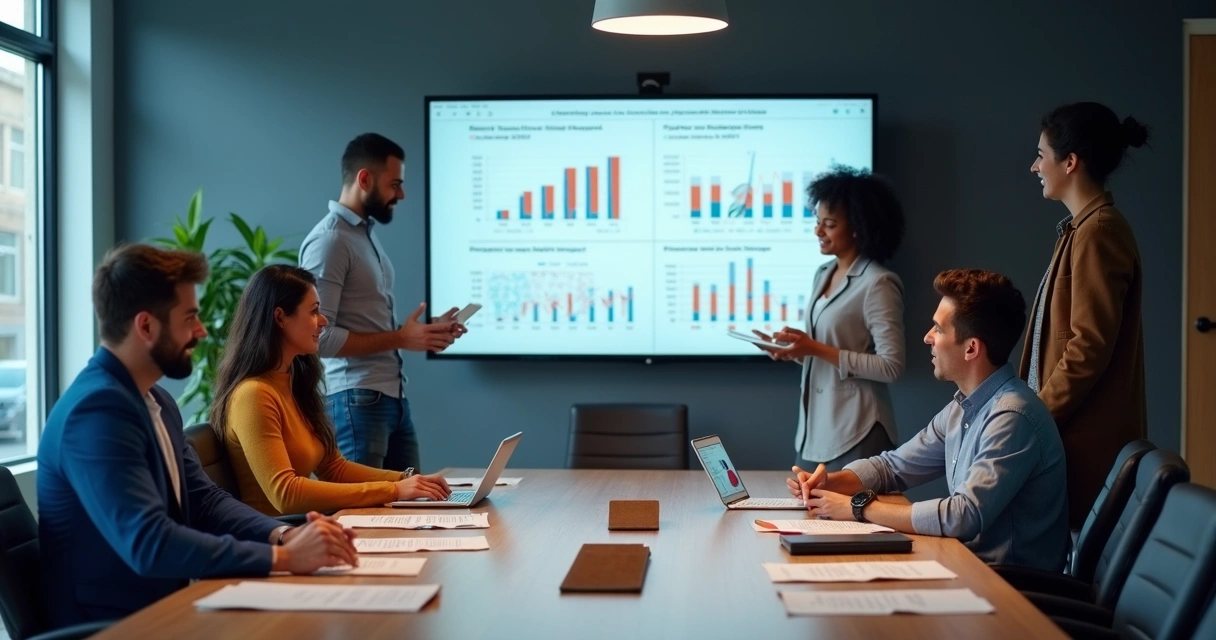 Equipe de marketing e vendas reunida em frente a dashboard de resultados 