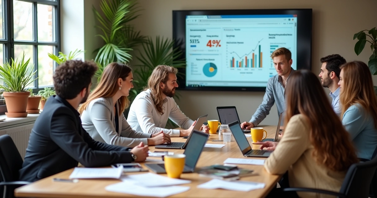 Equipe de pessoas analisando gráficos de vendas em marketplace de nicho