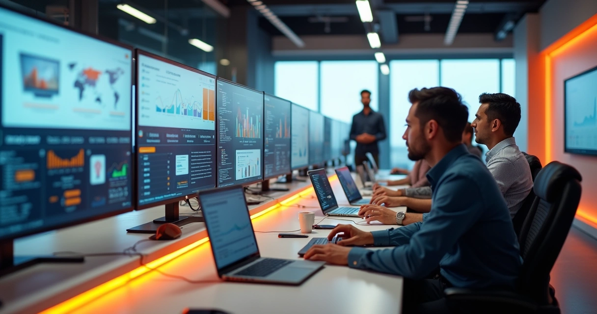 Equipe de marketplace em escritório analisando contas de Mercado Livre e Shopee 