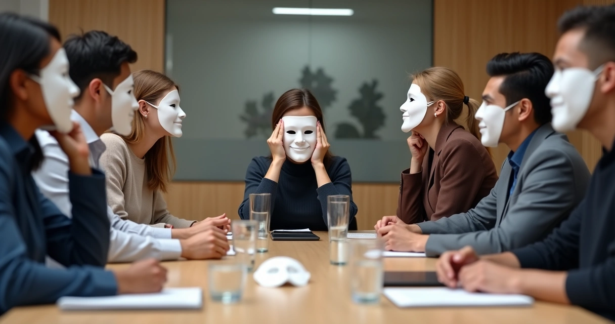 Equipe em sala de reunião com máscaras teatrais caindo sobre a mesa 