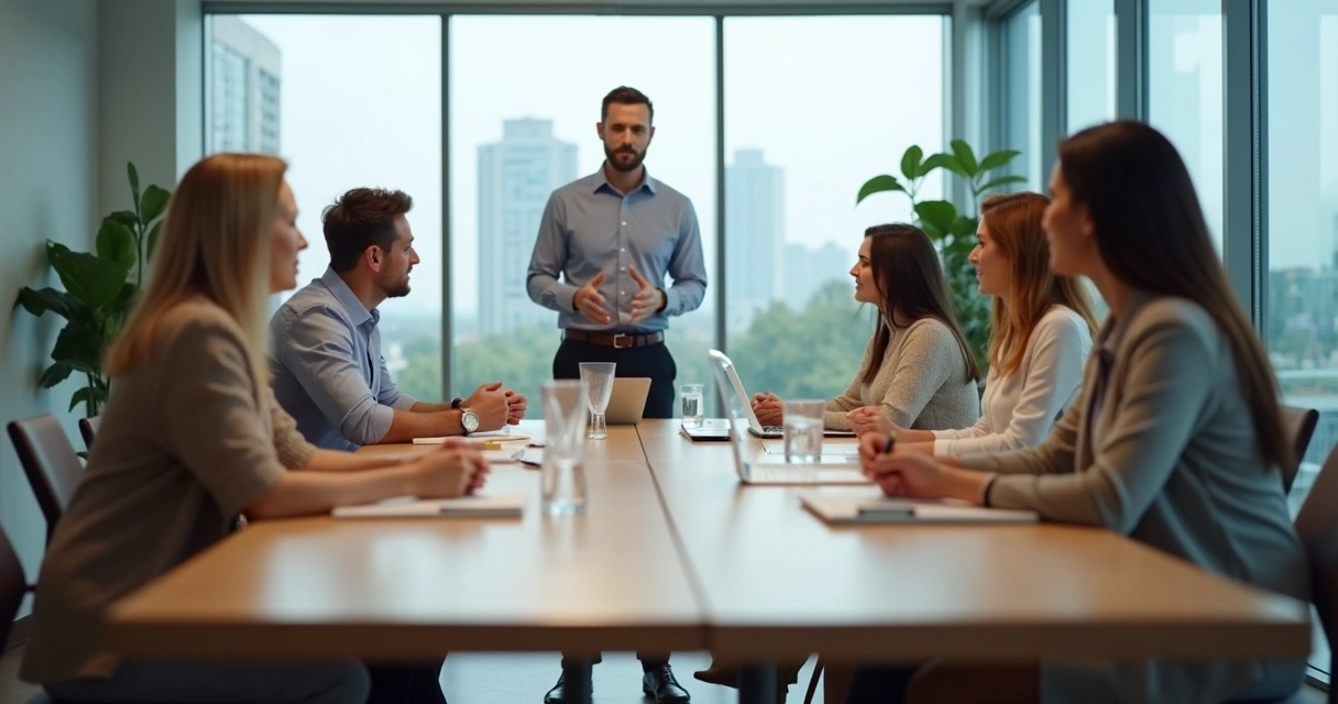 Equipe diversa em reunião tranquila demonstrando maturidade emocional no escritório 