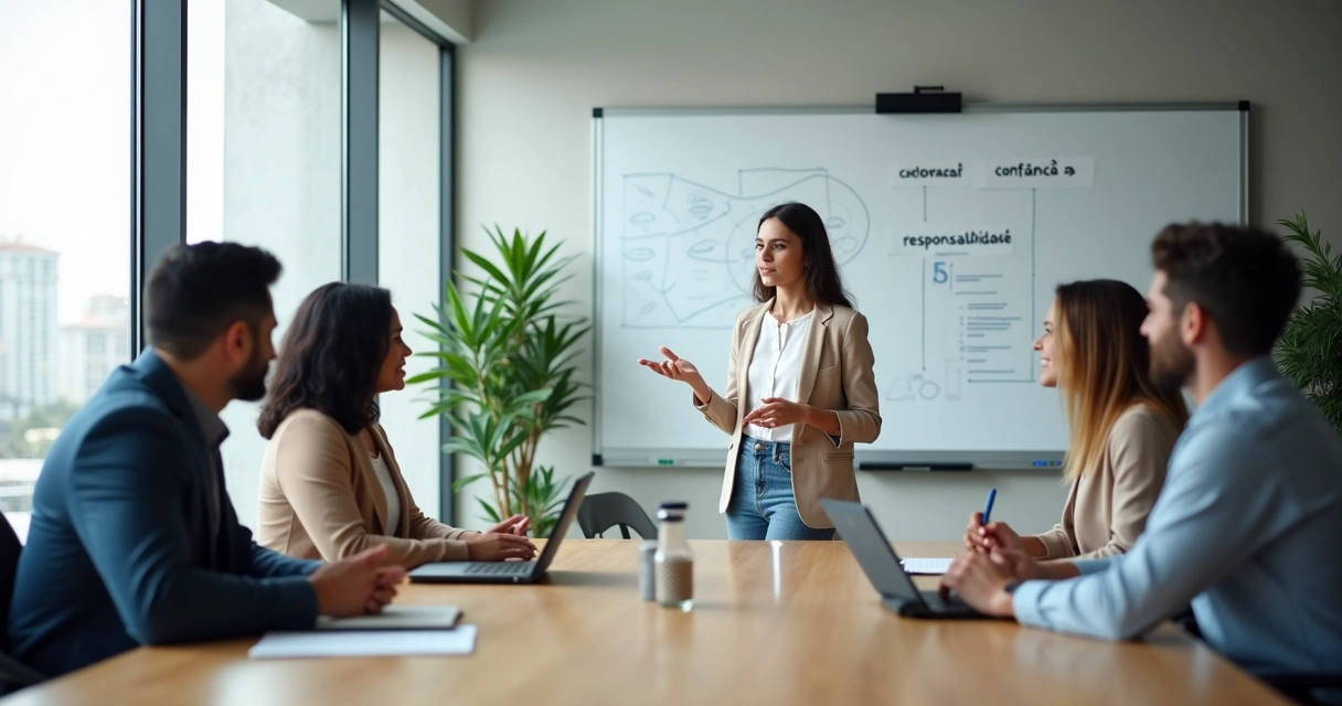 Equipe diversa em reunião tranquila em escritório moderno 
