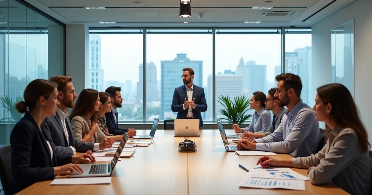 Equipe em reunião com contraste entre racionalidade e empatia 