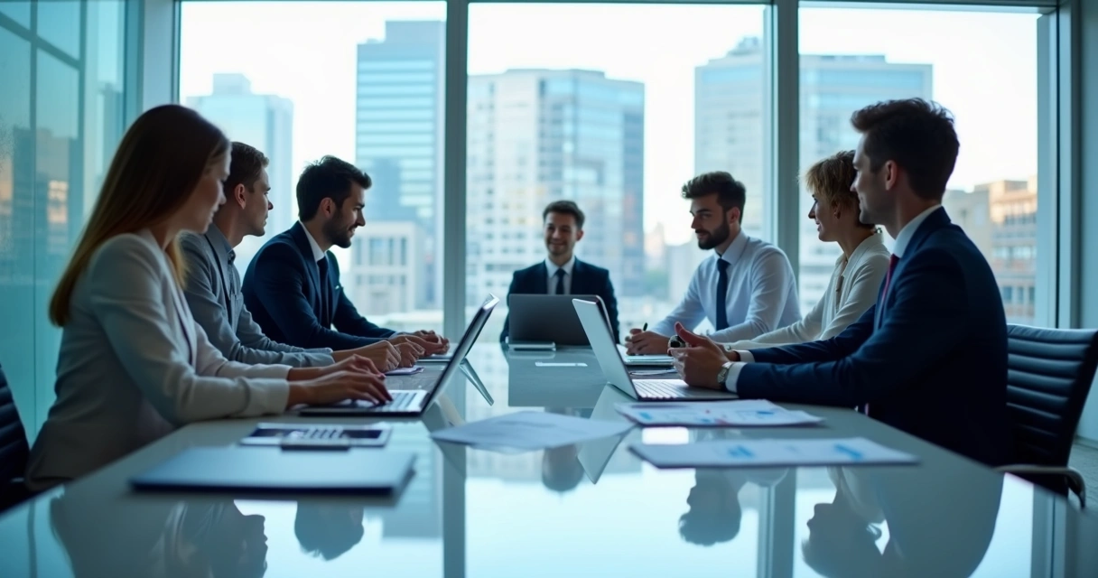 Equipe de contadores da MCO analisando documentos em mesa moderna