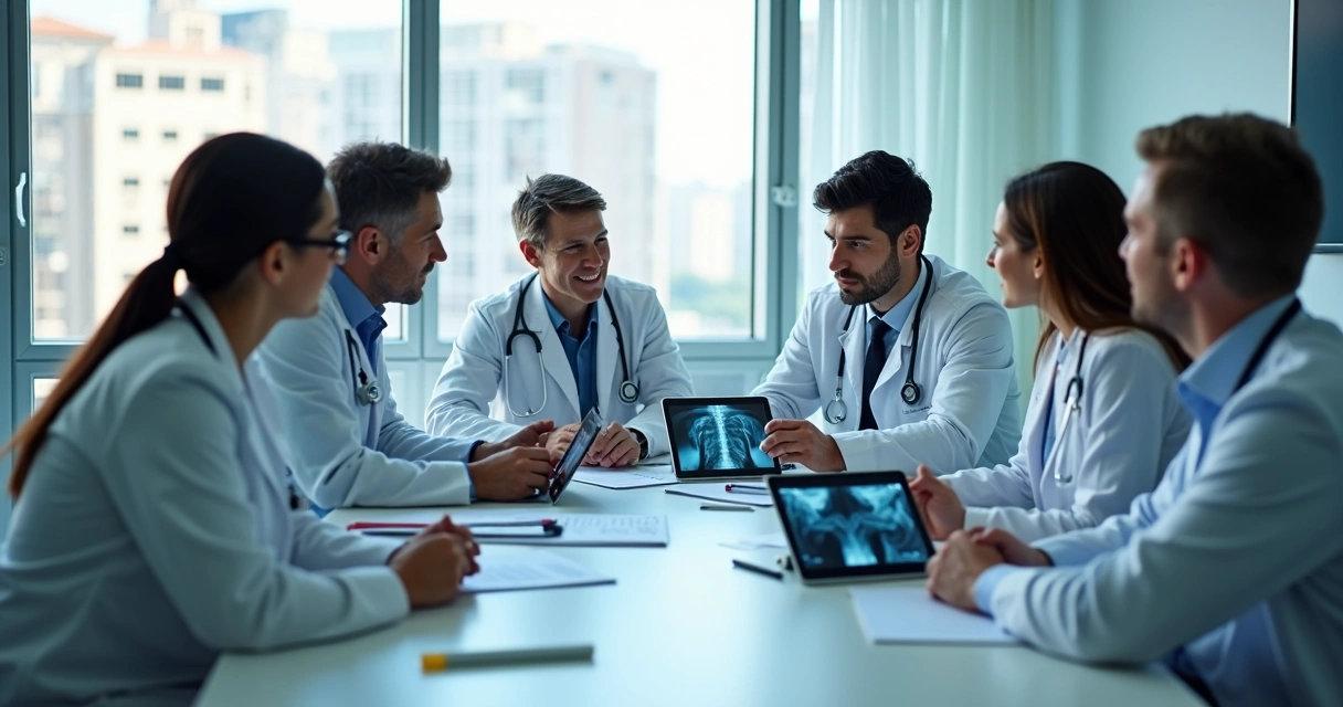 Equipe médica analisando exames em sala de reunião 