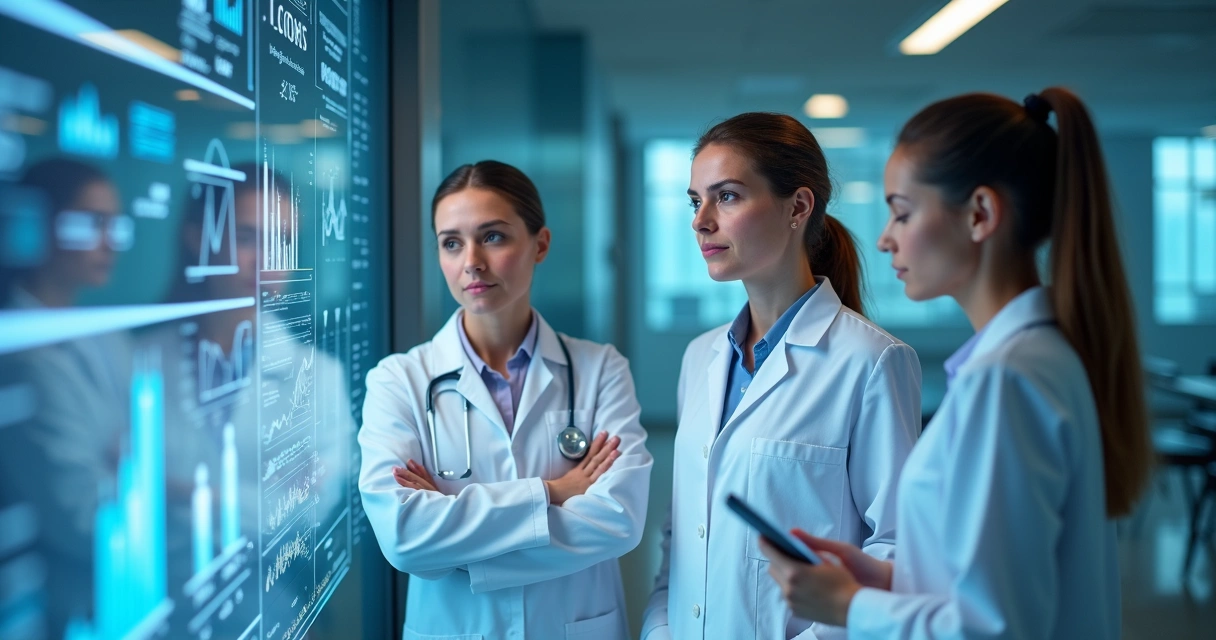 Equipe médica analisando dados em telas digitais 