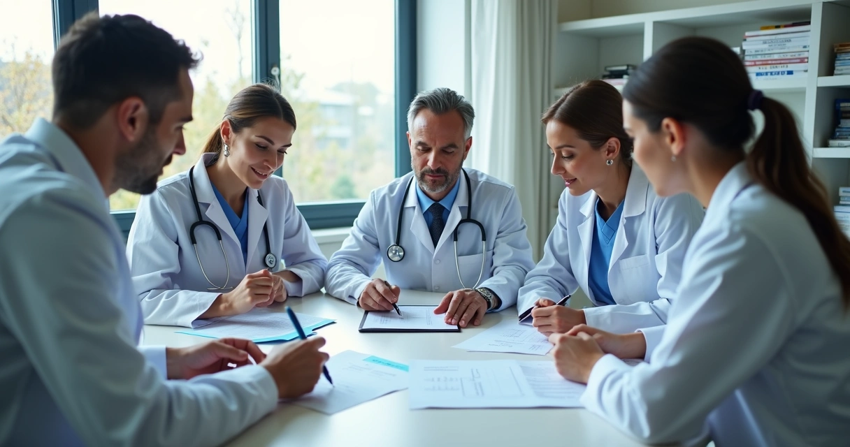 Equipe médica reunida analisando prontuário em sala de reunião