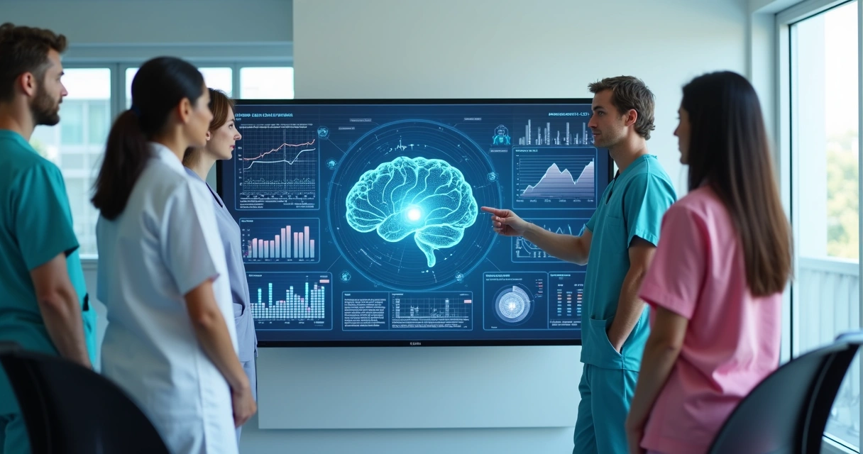 Equipe médica ao redor de tela com gráfico de IA 