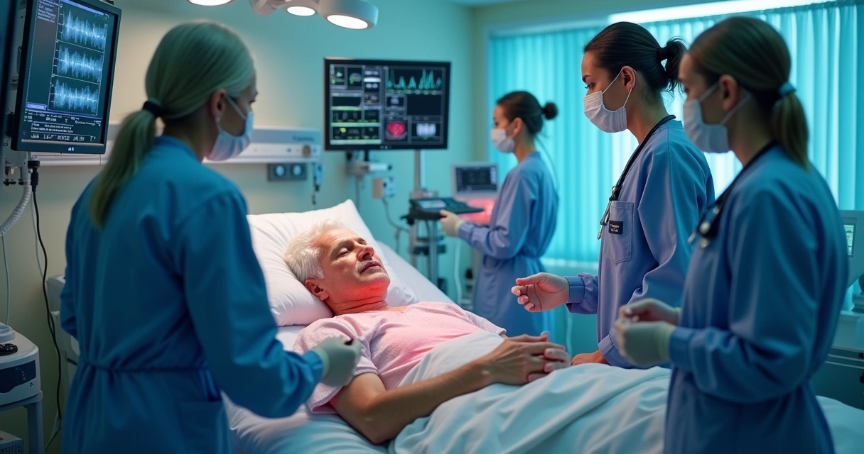 Equipe médica em atendimento a um paciente com infarto 