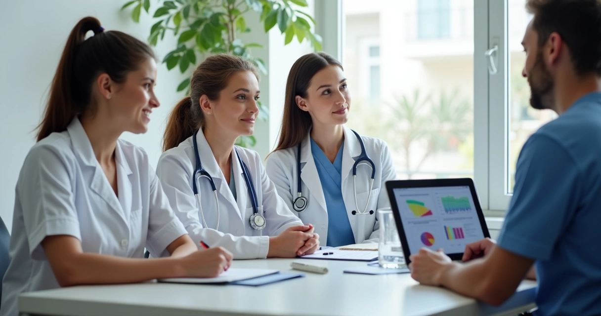 Equipe médica conversando com paciente em consultório 