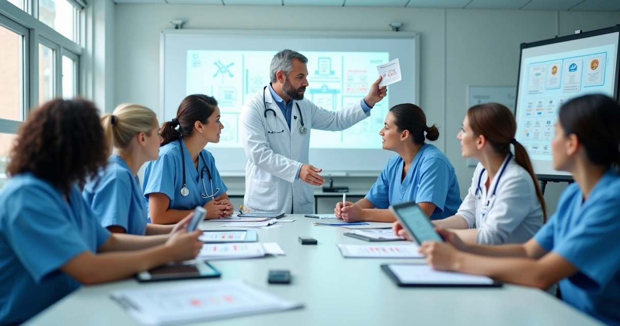 Profissionais de saúde reunidos em treinamento prático em hospital