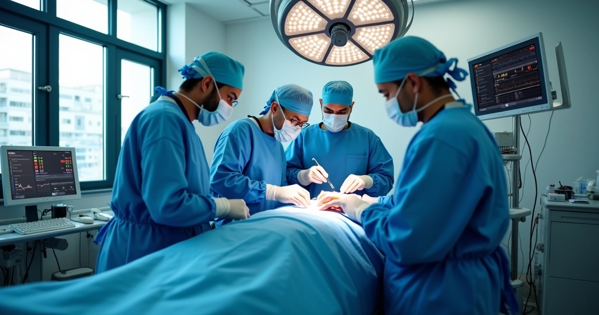 Equipe médica realizando cirurgia em hospital privado 