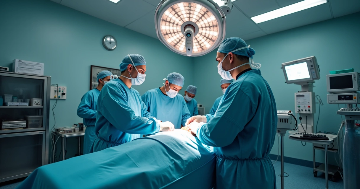 Equipe médica realiza cirurgia em centro cirúrgico de clínica privada 