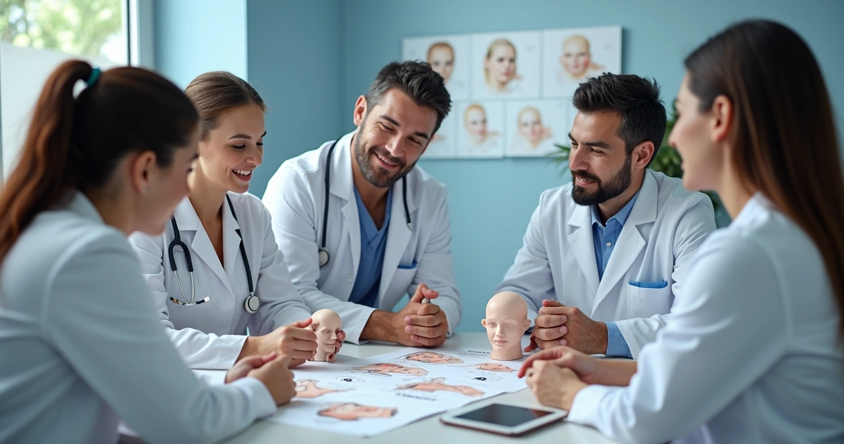Equipe médica e paciente durante consulta de cirurgia plástica 