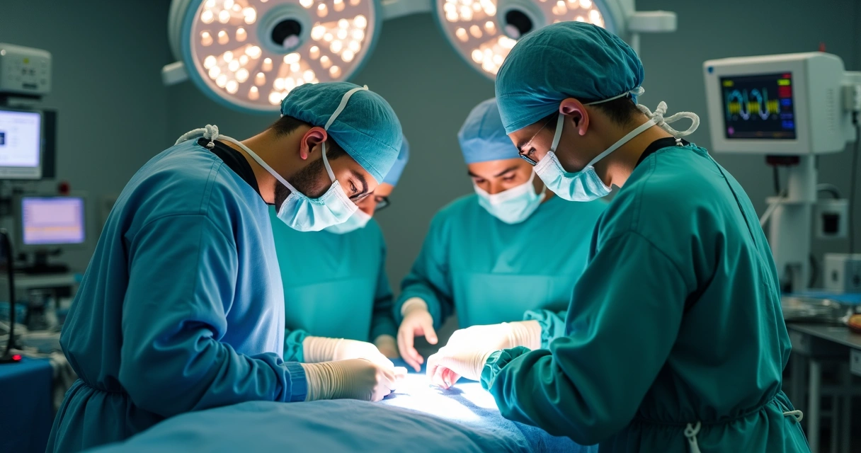 Equipe médica realizando cirurgia urológica em ambiente hospitalar 