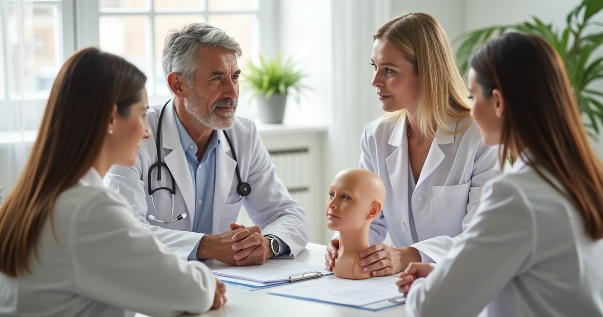 Equipe médica reunida em consulta com paciente 